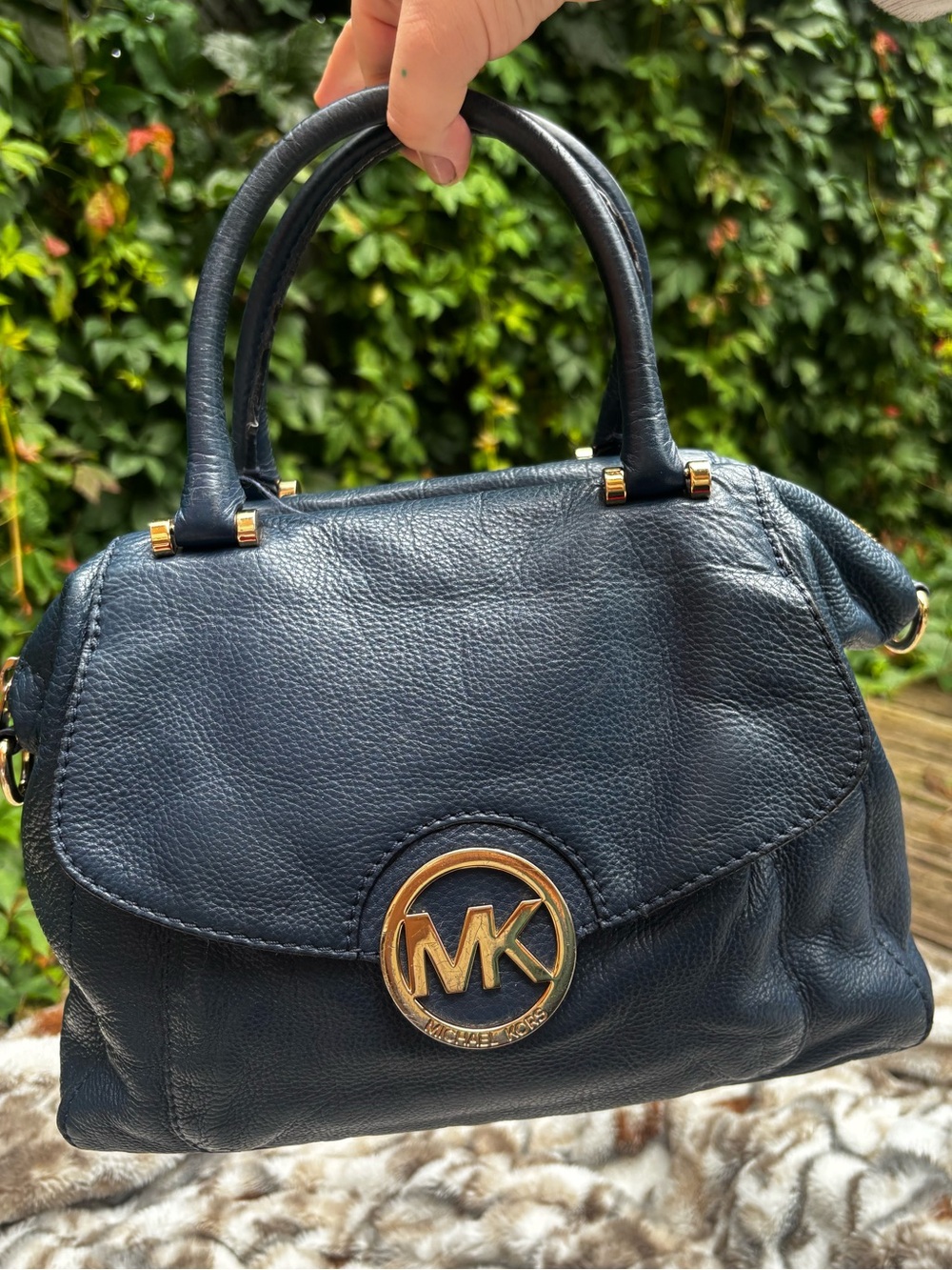 Michael Kors Navy Pebbled Leather Top-Handle Satchel with Gold Hardware